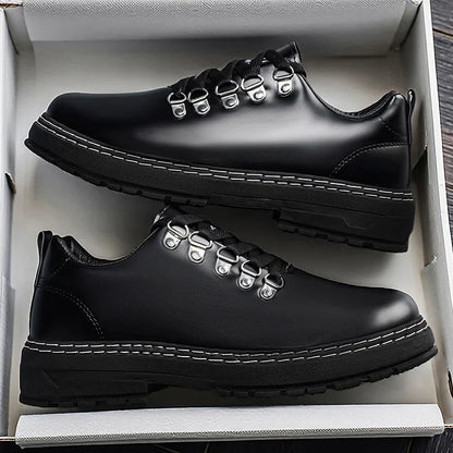 Stylish Black Leather Platform Shoe for Women with Lace Up D Ring Chunky Sole Casual Style
