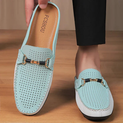 Effortless Perforated Leather Loafer Mule for Women with Horsebit Buckle Slip On Contrast Sole Style