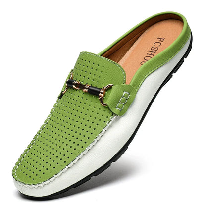 Effortless Perforated Leather Loafer Mule for Women with Horsebit Buckle Slip On Contrast Sole Style