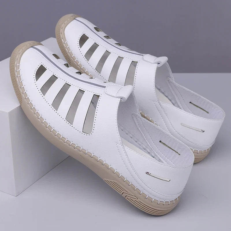 Effortless Leather Fisherman Sandal for Women with Cutout Vamp Slip On Stitched Sole Casual Style
