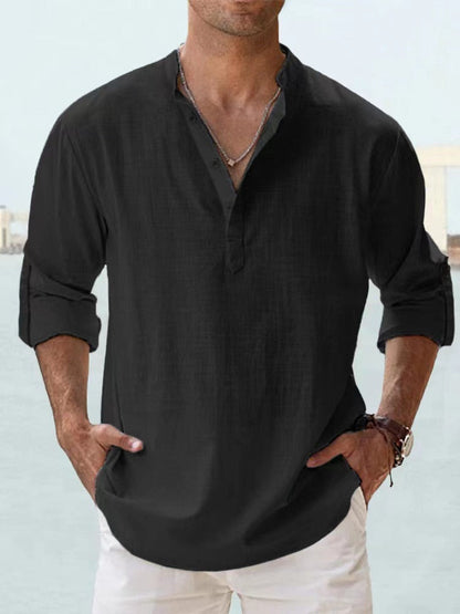 Effortless Linen Shirt for Women with Band Collar Long Sleeve Relaxed Button Placket Casual Style
