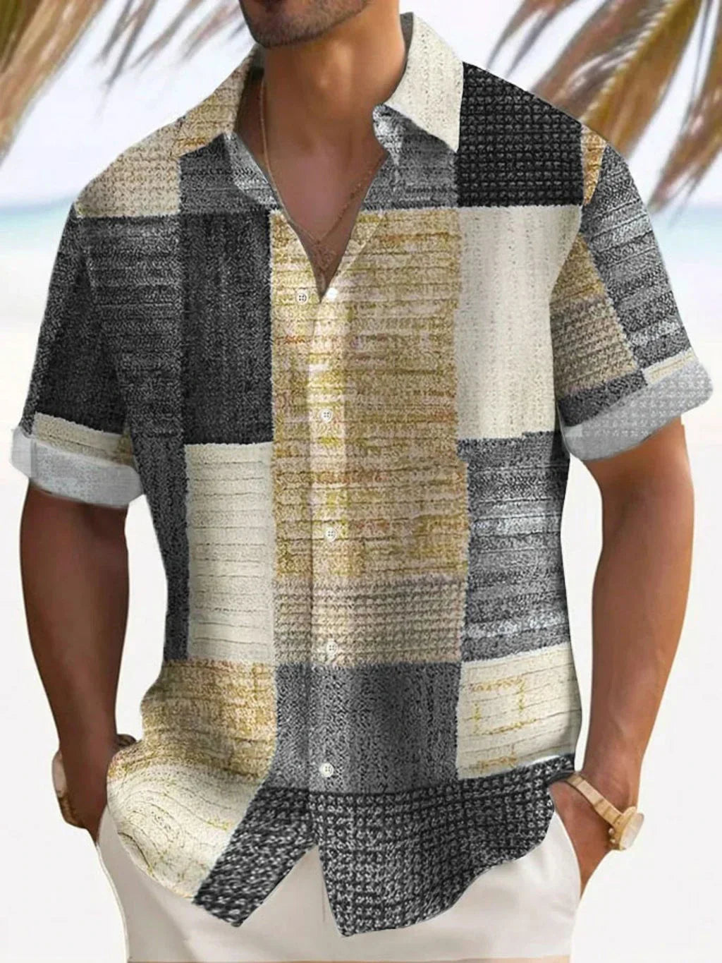 Effortless Patchwork Print Shirt for Women with Collared V Neck Short Sleeve Relaxed Button Front Casual Style