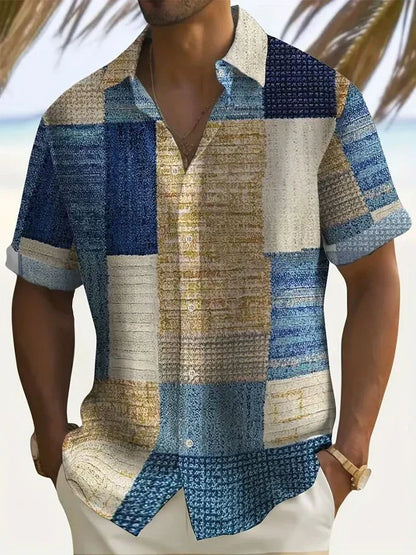 Effortless Patchwork Print Shirt for Women with Collared V Neck Short Sleeve Relaxed Button Front Casual Style
