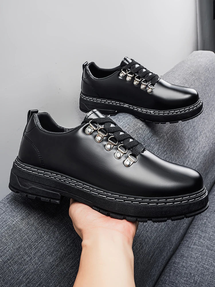 Stylish Black Leather Platform Shoe for Women with Lace Up D Ring Chunky Sole Casual Style