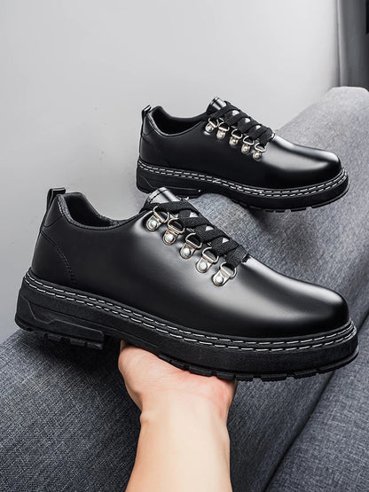 Stylish Black Leather Platform Shoe for Women with Lace Up D Ring Chunky Sole Casual Style