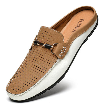 Effortless Perforated Leather Loafer Mule for Women with Horsebit Buckle Slip On Contrast Sole Style