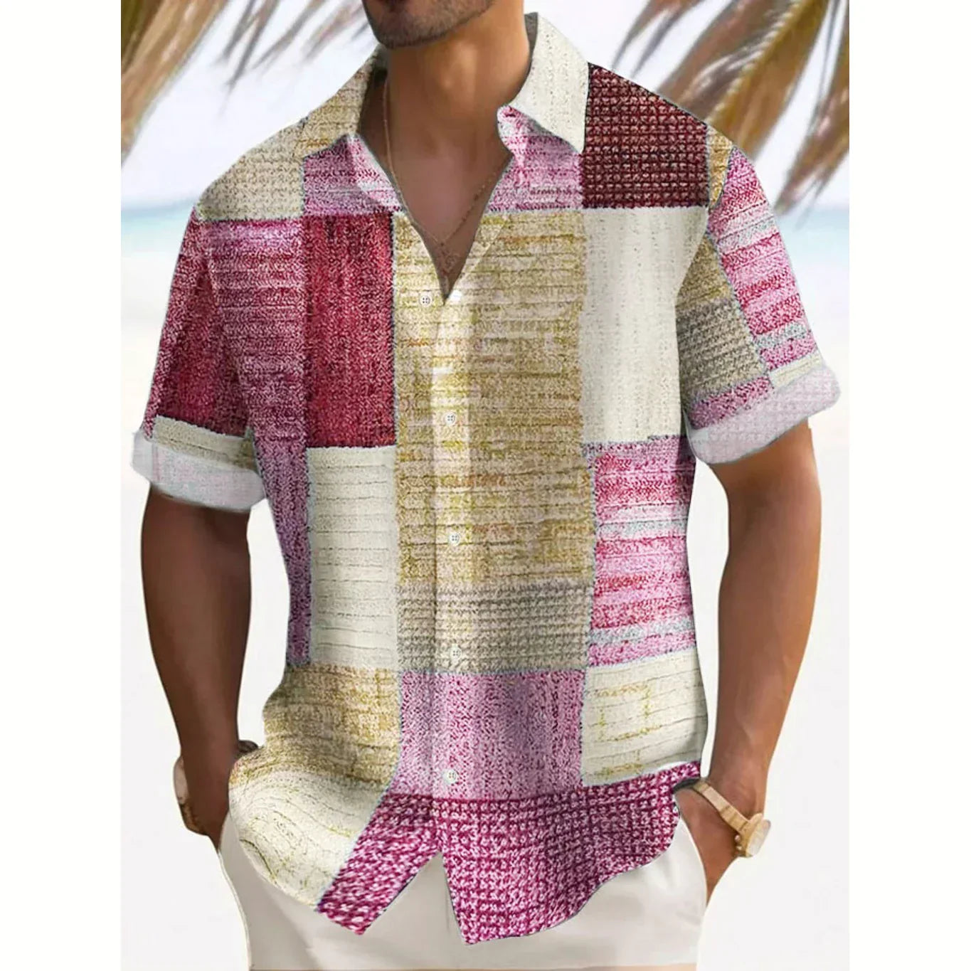 Effortless Patchwork Print Shirt for Women with Collared V Neck Short Sleeve Relaxed Button Front Casual Style