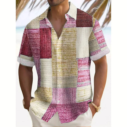 Effortless Patchwork Print Shirt for Women with Collared V Neck Short Sleeve Relaxed Button Front Casual Style