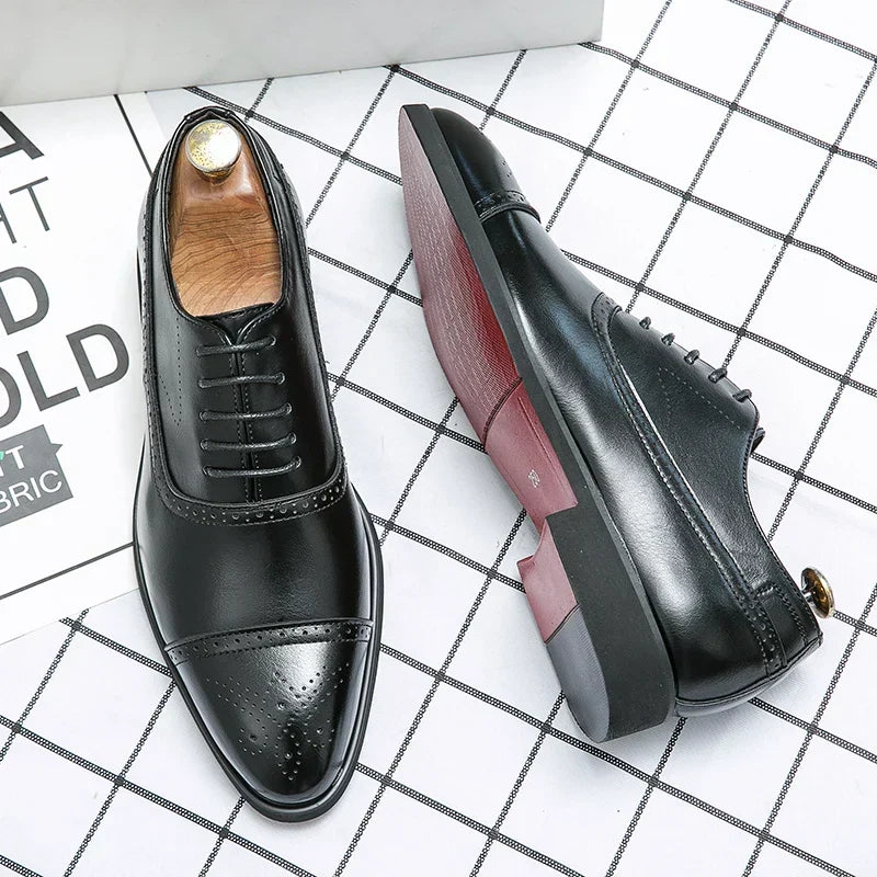 Elegant Black Leather Oxford Shoe for Women with Cap Toe Brogue Lace Up Detail Style