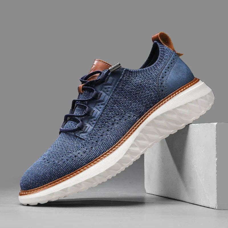 Effortless Knit Mesh Sneaker for Women with Lace Up Perforated Leather Trim Cushioned Style