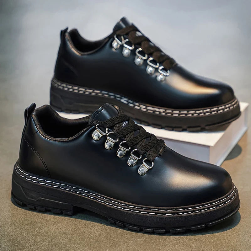 Stylish Black Leather Platform Shoe for Women with Lace Up D Ring Chunky Sole Casual Style