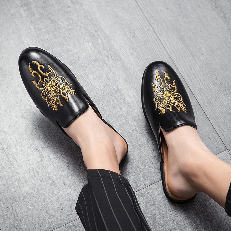 Elegant Embroidered Mule Loafer for Women with Round Toe Backless Slip On Casual Style
