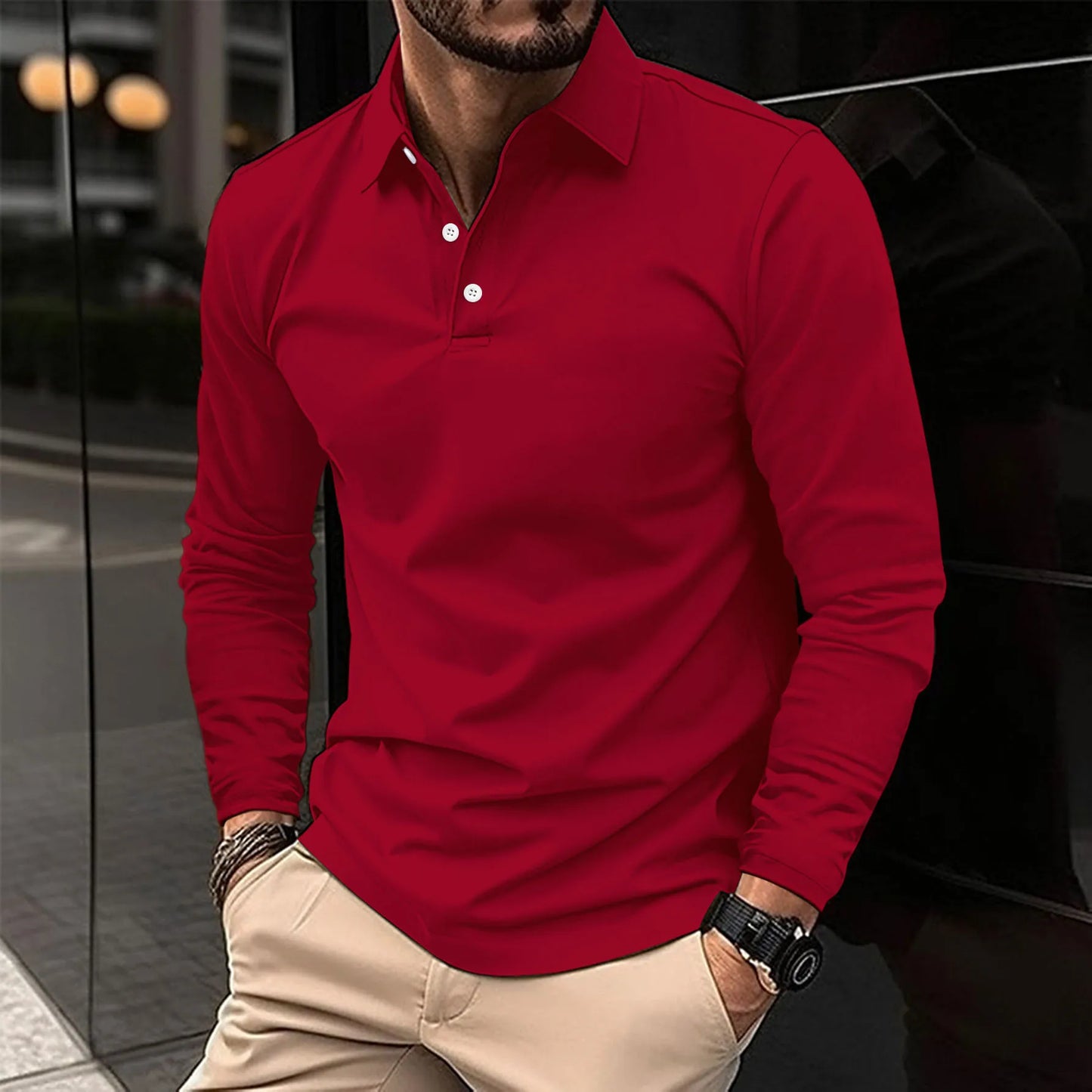 Effortless Pique Polo Shirt for Women with Collar Long Sleeve Button Placket Ribbed Cuff Casual Style