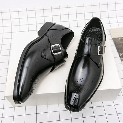 Elegant Leather Monk Strap Loafers for Women with Buckle Strap Brogue Detail Pointed Toe Style