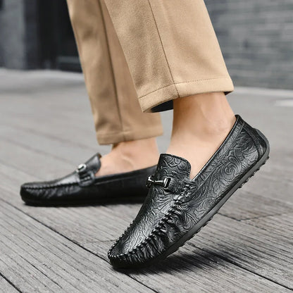 Elegant Embossed Leather Loafer for Women with Horsebit Buckle Moc Toe Stitched Driving Style