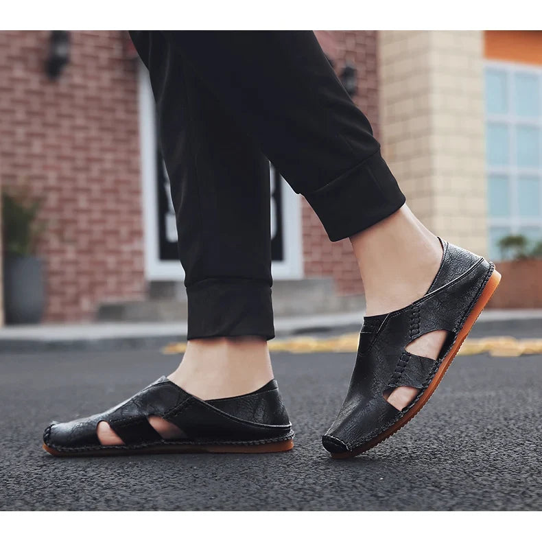 Effortless Leather Cutout Sandals for Women with Hand Stitched Closed Toe Slip On Casual Style