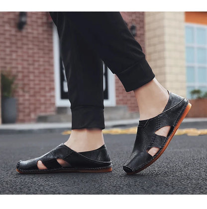 Effortless Leather Cutout Sandals for Women with Hand Stitched Closed Toe Slip On Casual Style