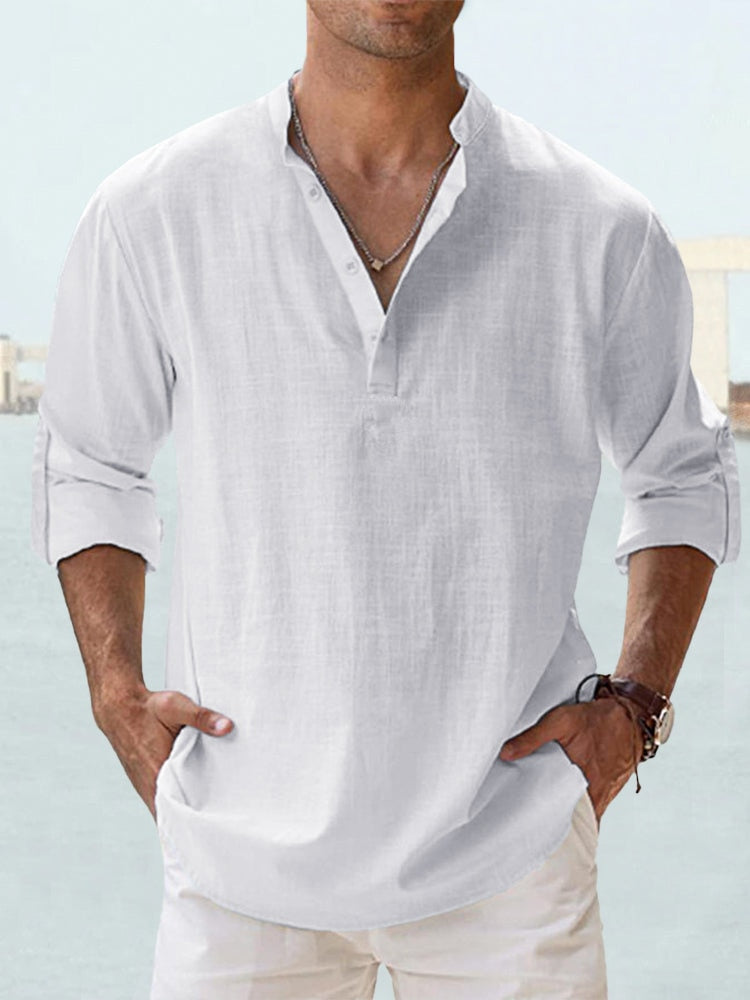 Effortless Linen Shirt for Women with Band Collar Long Sleeve Relaxed Button Placket Casual Style