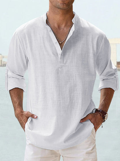 Effortless Linen Shirt for Women with Band Collar Long Sleeve Relaxed Button Placket Casual Style