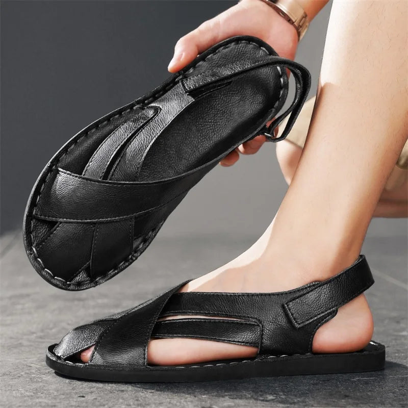 Effortless Leather Sandal for Women with Crisscross Open Toe Adjustable Ankle Strap Casual Style
