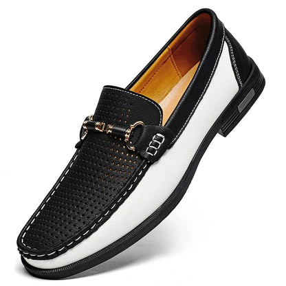 Effortless Perforated Leather Loafer with Horsebit Buckle Color Block Slip On Casual Style