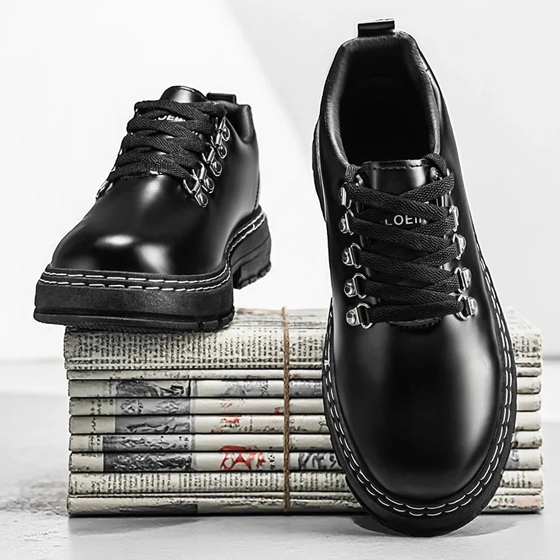 Stylish Black Leather Platform Shoe for Women with Lace Up D Ring Chunky Sole Casual Style