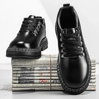 Stylish Black Leather Platform Shoe for Women with Lace Up D Ring Chunky Sole Casual Style