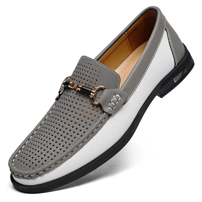 Effortless Perforated Leather Loafer with Horsebit Buckle Color Block Slip On Casual Style