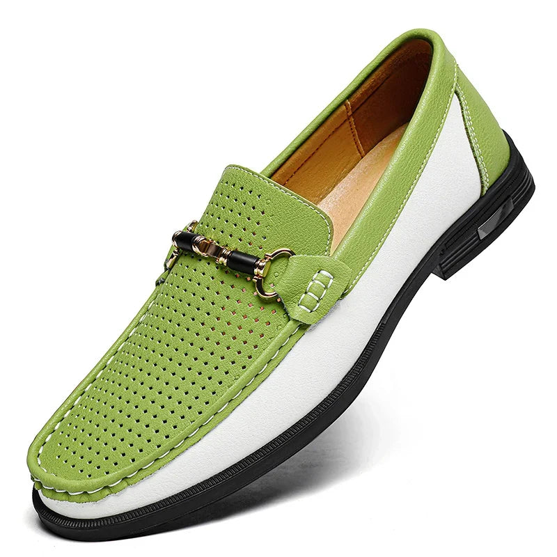 Effortless Perforated Leather Loafer with Horsebit Buckle Color Block Slip On Casual Style