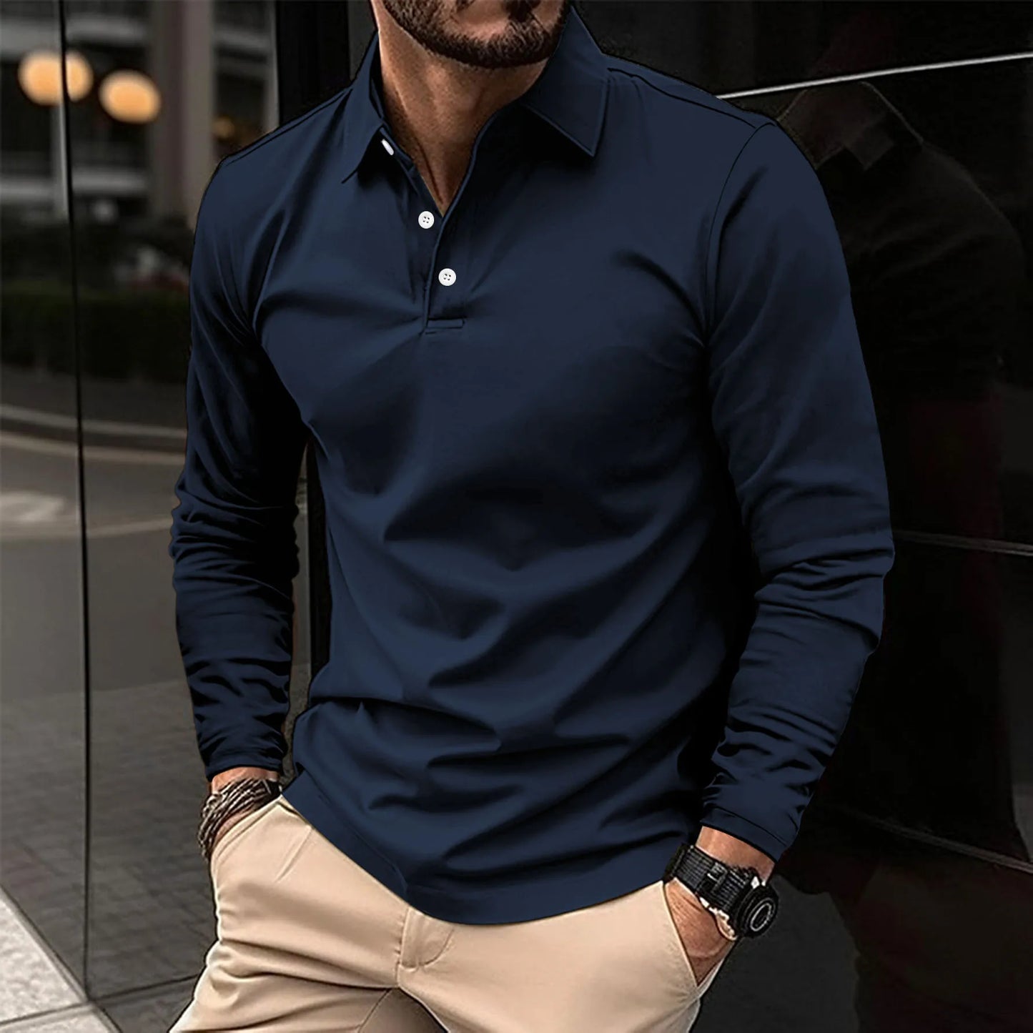 Effortless Pique Polo Shirt for Women with Collar Long Sleeve Button Placket Ribbed Cuff Casual Style