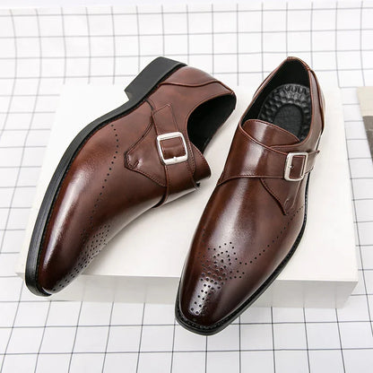 Elegant Leather Monk Strap Loafers for Women with Buckle Strap Brogue Detail Pointed Toe Style