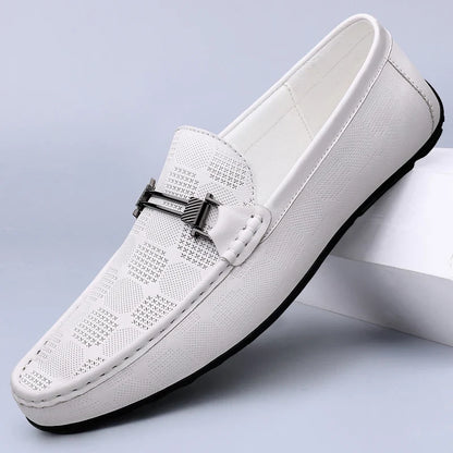 Stylish Leather Loafer for Women with Metal Buckle Perforated Slip On Casual Style