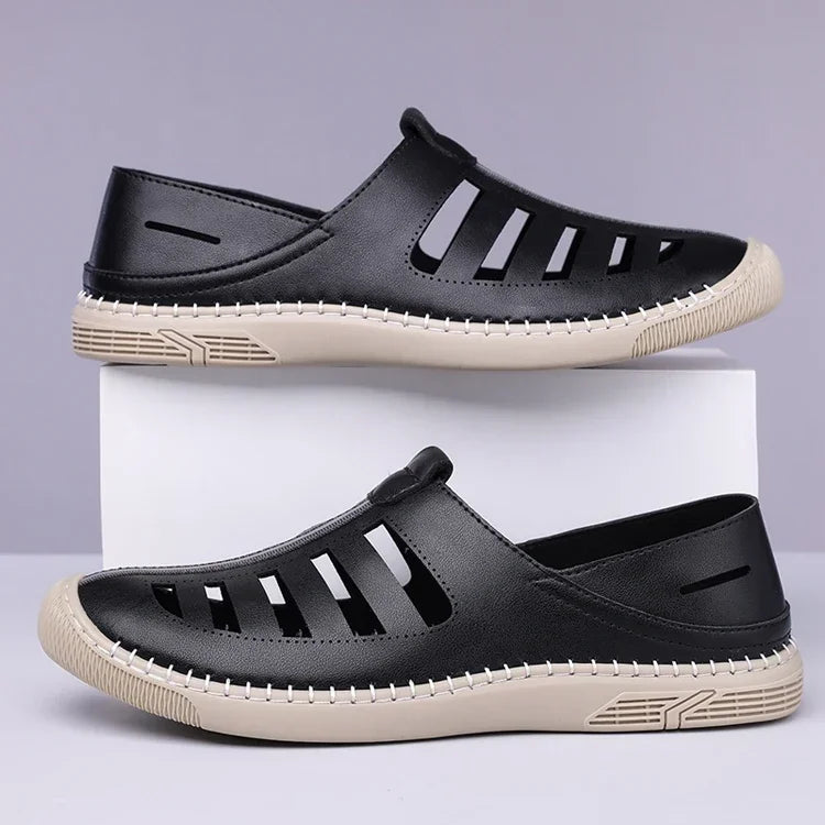 Effortless Leather Fisherman Sandal for Women with Cutout Vamp Slip On Stitched Sole Casual Style