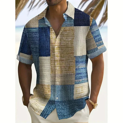 Effortless Patchwork Print Shirt for Women with Collared V Neck Short Sleeve Relaxed Button Front Casual Style