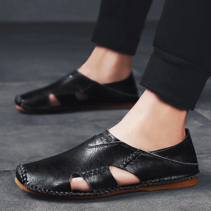 Effortless Leather Cutout Sandals for Women with Hand Stitched Closed Toe Slip On Casual Style