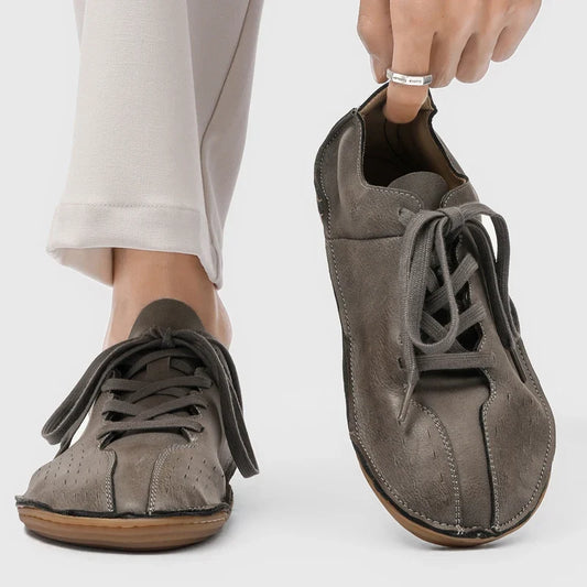 Comfortable Leather Flat Shoes for Women with Round Toe Lace Up Stitched Casual Style