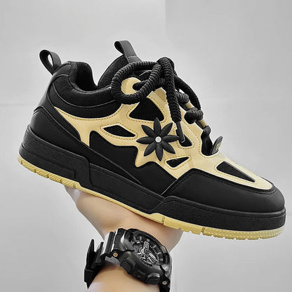 Stylish Mesh Panel Sneakers for Women with Lace Up Front Floral Applique Chunky Platform Style