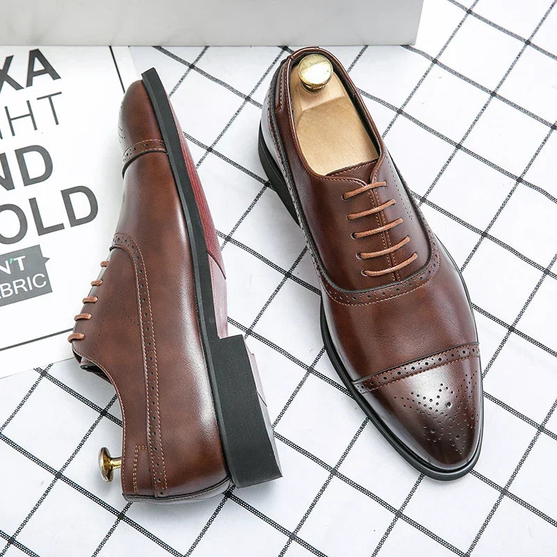 Elegant Black Leather Oxford Shoe for Women with Cap Toe Brogue Lace Up Detail Style