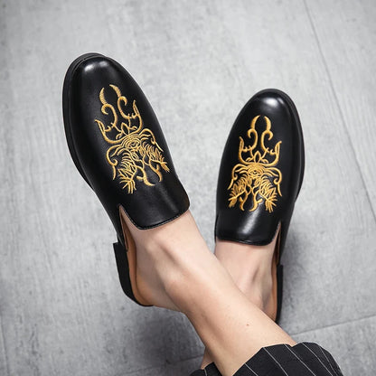 Elegant Embroidered Mule Loafer for Women with Round Toe Backless Slip On Casual Style