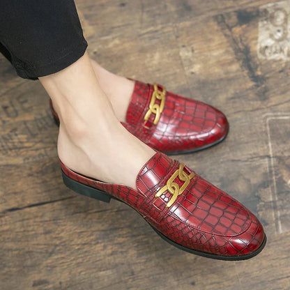 Elegant Croc Embossed Leather Mule for Women with Gold Chain Link Backless Slip On Style
