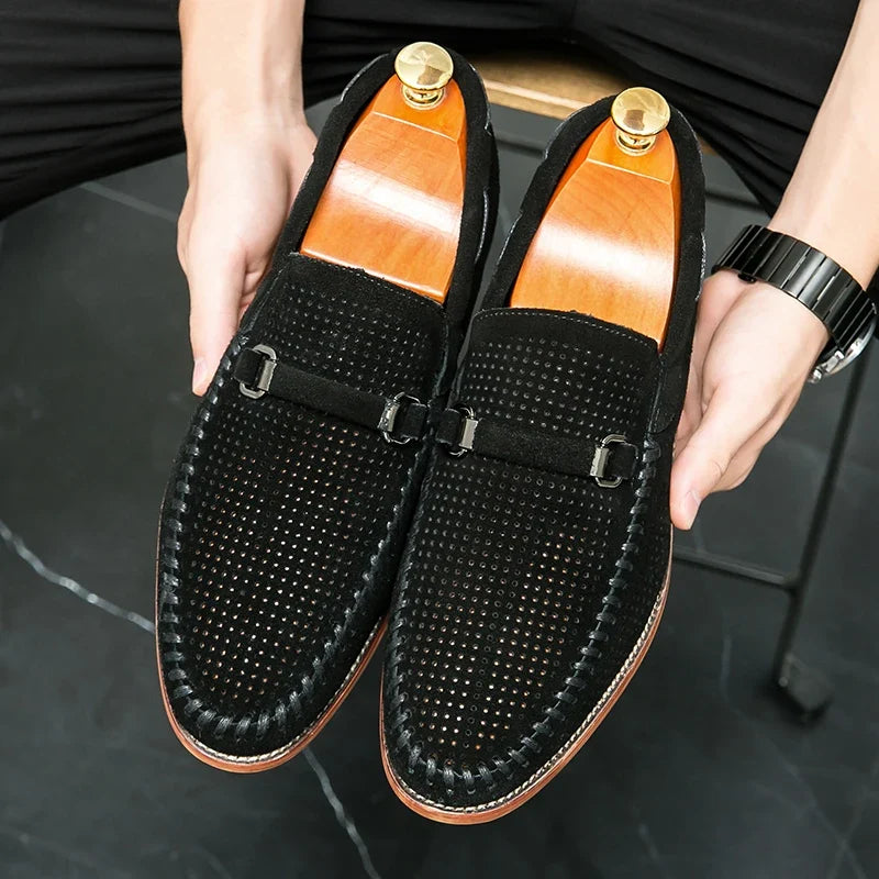 Elegant Perforated Suede Loafer for Women with Whipstitch Trim Metal Bit Slip On Style