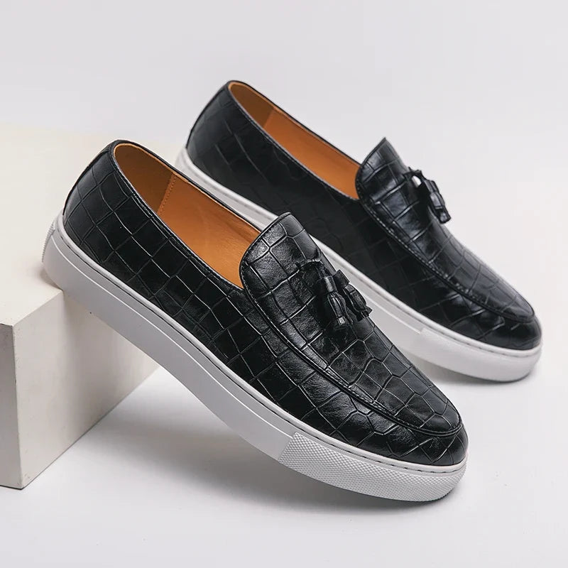 Elegant Crocodile Embossed Tassel Loafers for Women with Slip On Platform Sole Casual Style