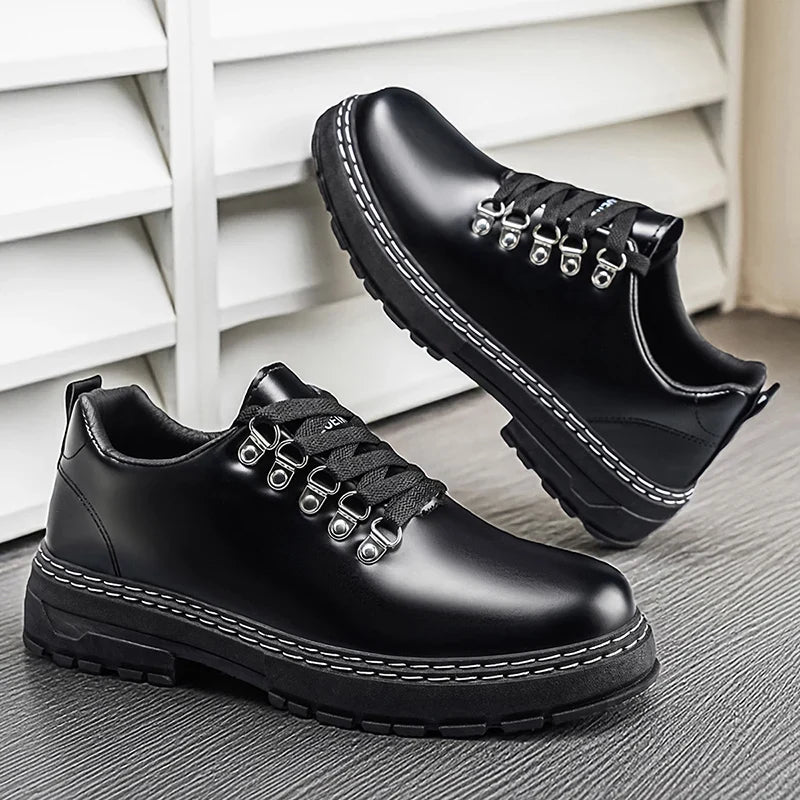 Stylish Black Leather Platform Shoe for Women with Lace Up D Ring Chunky Sole Casual Style