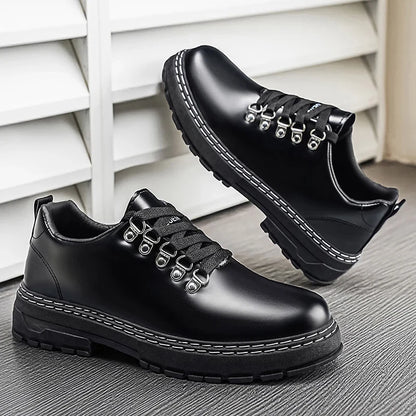 Stylish Black Leather Platform Shoe for Women with Lace Up D Ring Chunky Sole Casual Style