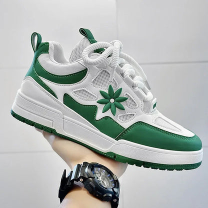 Stylish Mesh Panel Sneakers for Women with Lace Up Front Floral Applique Chunky Platform Style