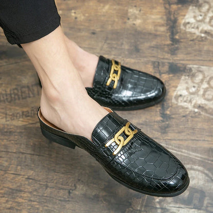 Elegant Croc Embossed Leather Mule for Women with Gold Chain Link Backless Slip On Style