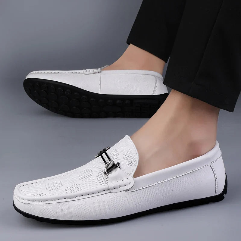 Stylish Leather Loafer for Women with Metal Buckle Perforated Slip On Casual Style