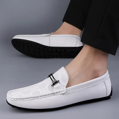 Stylish Leather Loafer for Women with Metal Buckle Perforated Slip On Casual Style