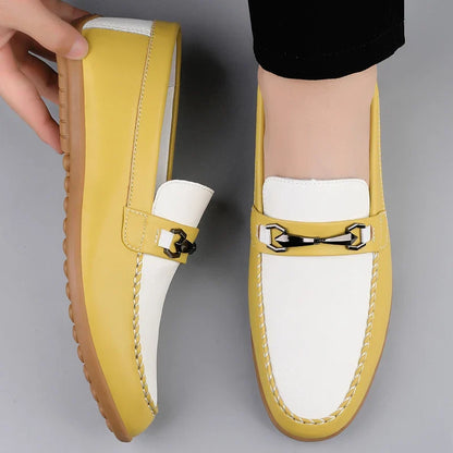 Comfortable Leather Loafers for Women with Chain Link Buckle Moc Toe Rubber Sole Casual Style