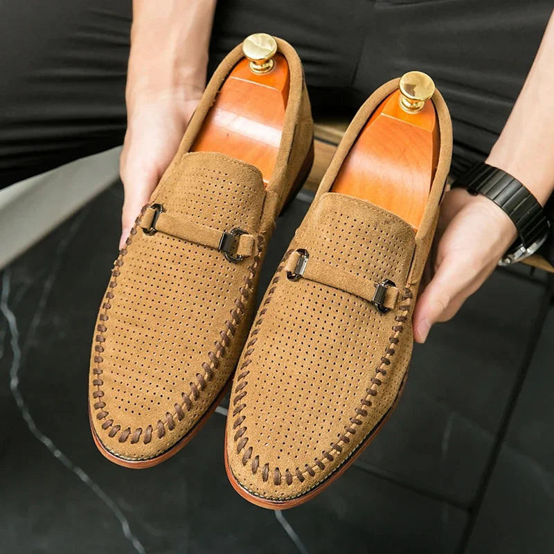 Elegant Perforated Suede Loafer for Women with Whipstitch Trim Metal Bit Slip On Style